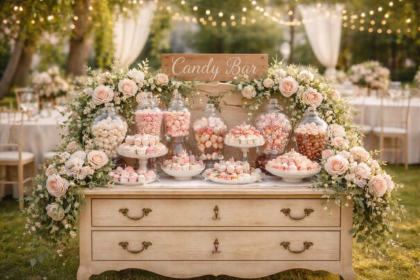 découvrez des idées créatives et originales pour concevoir un meuble "candy bar" parfait, et rendez votre mariage inoubliable avec une décoration sucrée et élégante.