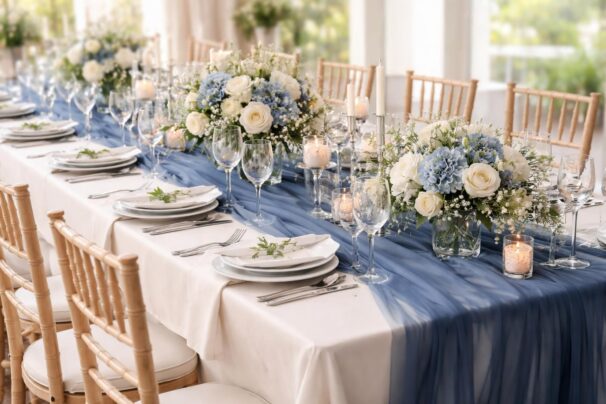 découvrez notre chemin de table en mousseline marine lavable, parfait pour sublimer vos mariages et événements avec élégance et praticité.