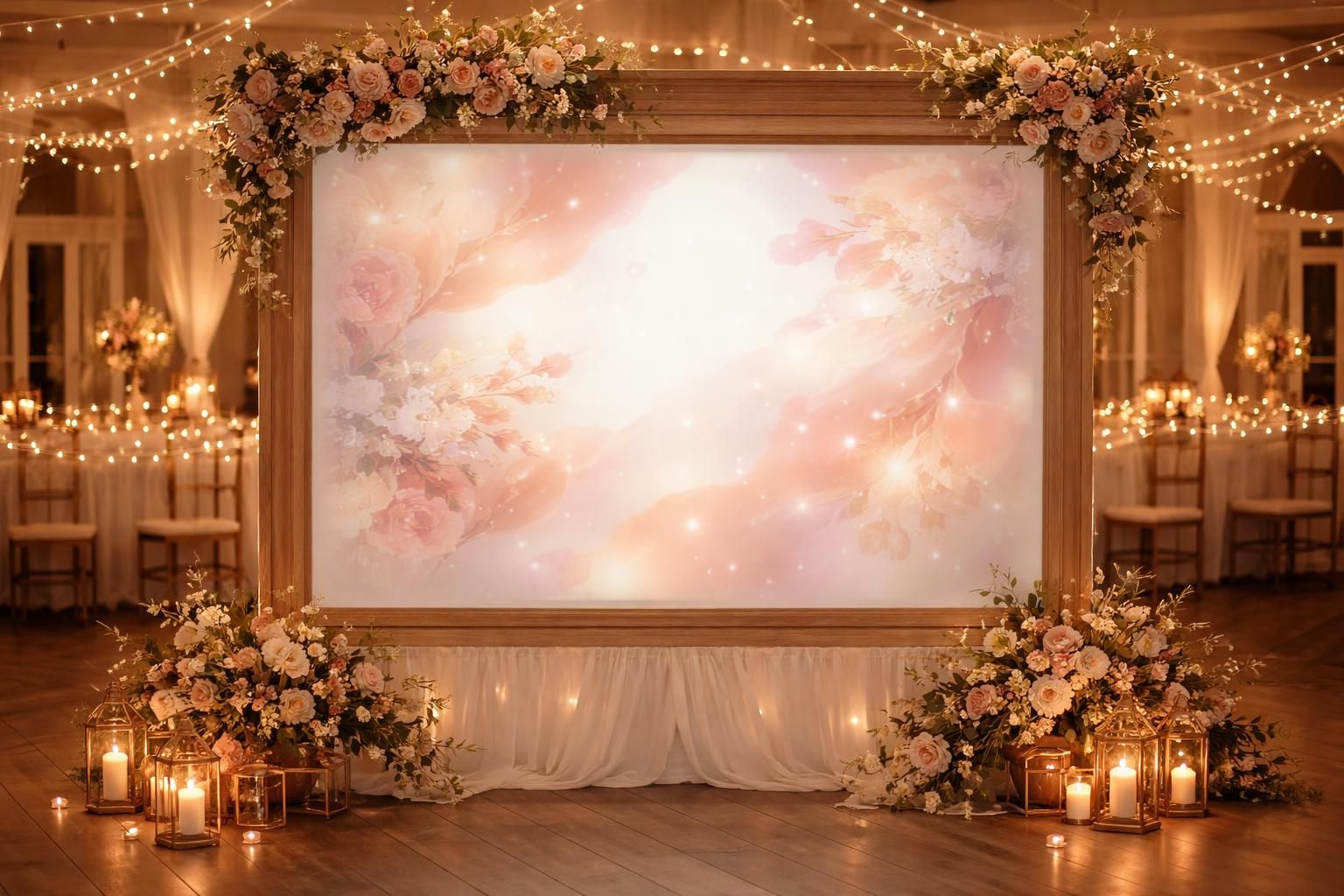 découvrez notre écran de projection pour photo-booth de mariage avec fond animé, idéal pour capturer des souvenirs uniques et dynamiques de votre journée spéciale.
