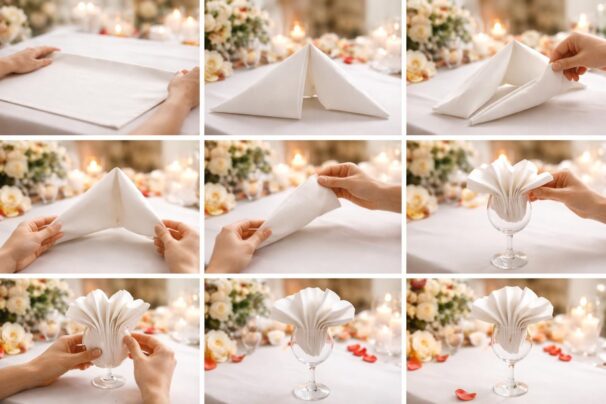 Guide étape par étape du pliage de serviette sur verre pour un mariage réussi
