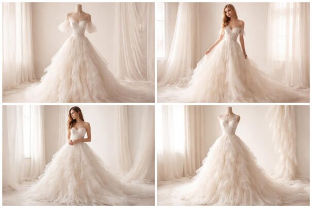 découvrez notre sélection exclusive de robes de mariée ornées de froufrous élégants, pour un look romantique et sophistiqué lors de votre grand jour.