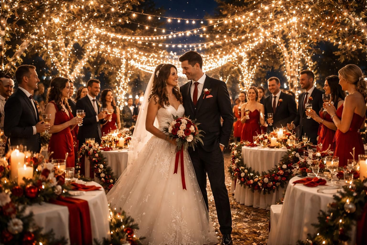 découvrez une célébration nuptiale magique aux couleurs rouge et blanc, illuminée par les étoiles scintillantes de noël, pour un mariage enchanteur et festif.