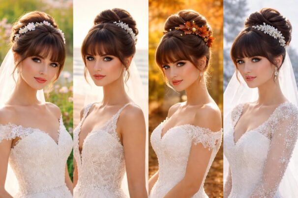 Guide ultime de la coiffure de mariage : chignon avec frange pour chaque saison