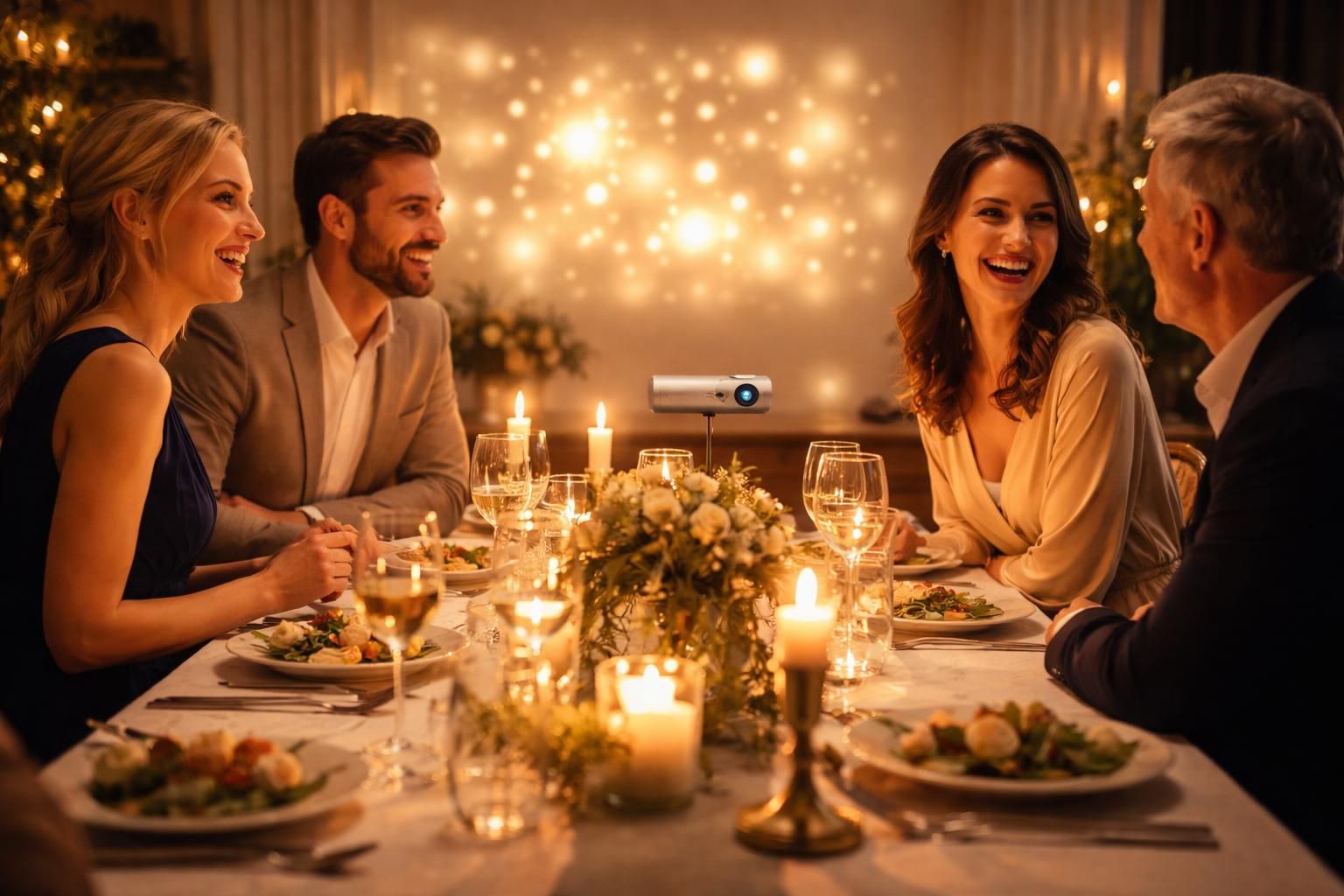 diffusez les messages des invités pendant le dîner grâce au mini vidéoprojecteur epson pour une ambiance chaleureuse et interactive.