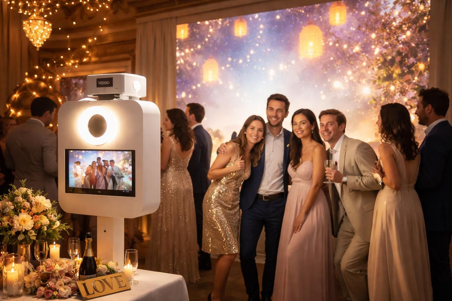 découvrez notre photo-booth de mariage avec fond animé projeté grâce au mini vidéoprojecteur epson, pour des souvenirs uniques et personnalisés.