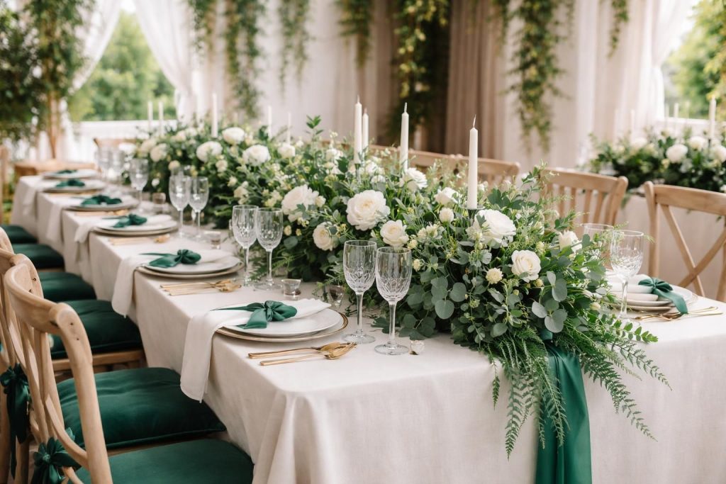 découvrez des idées inspirantes pour une décoration de mariage en vert émeraude, incluant des palettes harmonieuses et des suggestions originales pour votre table.
