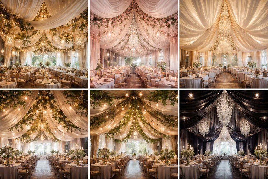 découvrez 5 thèmes de mariage originaux mettant en scène des tissus suspendus au plafond pour créer une ambiance élégante et impressionner vos invités.