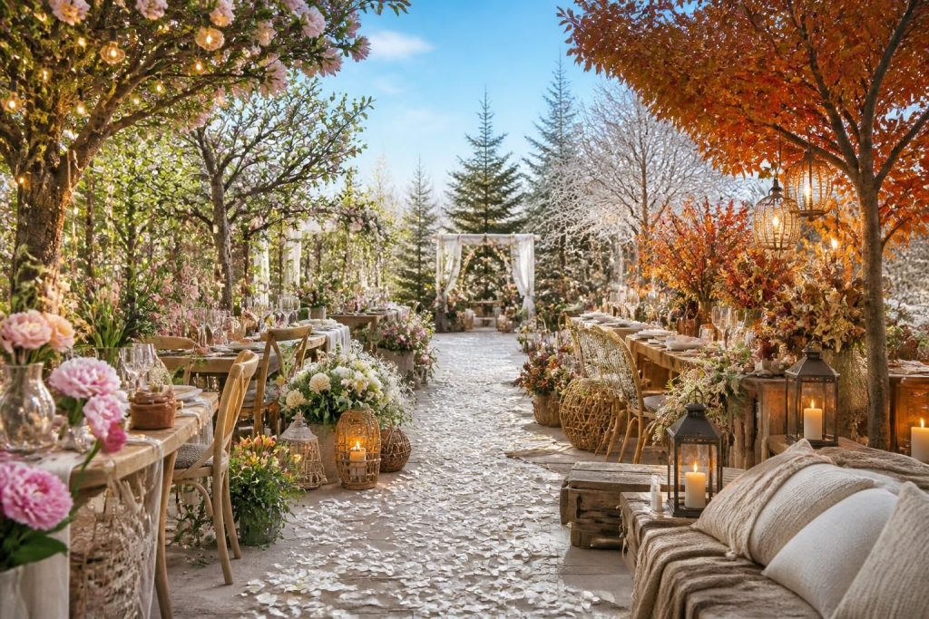 découvrez une inspiration unique pour un décor de mariage champêtre et chic adapté à chaque saison de l'année, alliant élégance naturelle et charme intemporel.