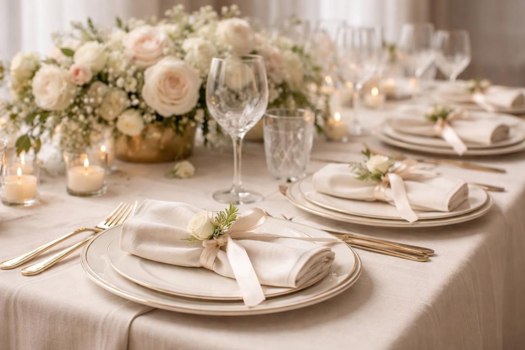 découvrez notre sélection de nappes et serviettes élégantes pour un mariage chic et raffiné. sublimez votre décoration de table avec des tissus de qualité et des designs sophistiqués.