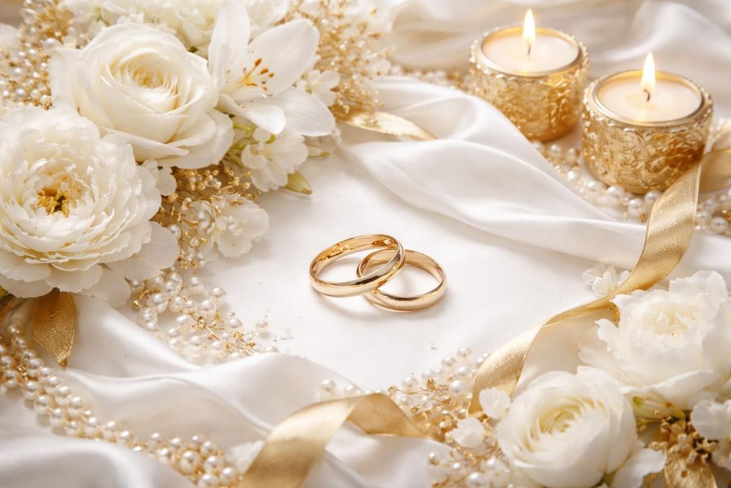 découvrez une palette mariage élégante alliant le blanc pur à des touches dorées luxueuses pour une atmosphère raffinée et intemporelle.