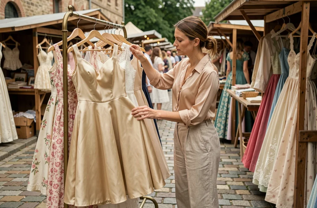 Femme feuilletant des robes de mariée vintage dans un marché aux puces en plein air avec une robe de style années 1960 en satin