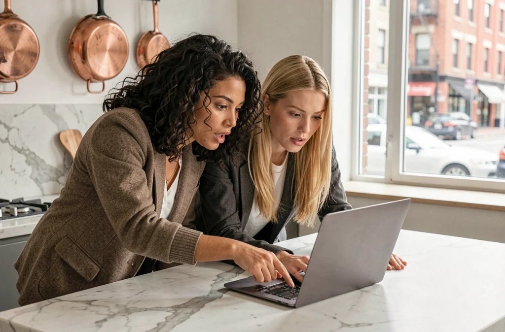 Deux amies discutant d'indices sur les réseaux sociaux devant un ordinateur portable dans une cuisine moderne