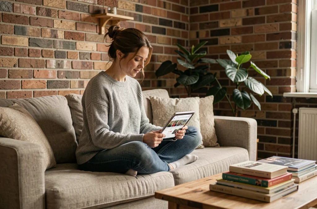 Jeune femme analysant des profils de réseaux sociaux sur une tablette dans son salon