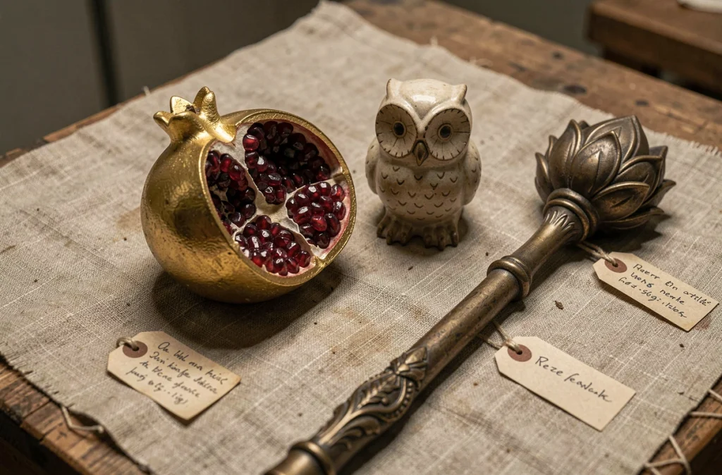Objets votifs grecs anciens liés à Héra : grenade dorée, sceptre en bronze et figurine de chouette sur tissu de conservation