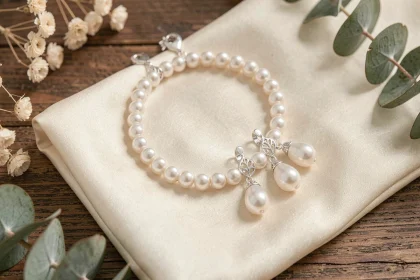 Bijoux mariage perles élégants posés sur tissu ivoire pour un thème romantique raffiné