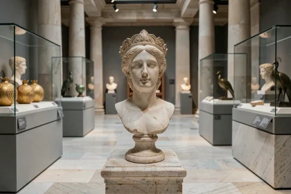 Buste en marbre d'Héra dans un musée avec attributs symboliques grecs anciens, diadème, grenades et paons en bronze