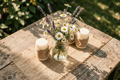 Centre de table champêtre fait maison avec bocaux en verre, fleurs sauvages et chemin de table en toile de jute