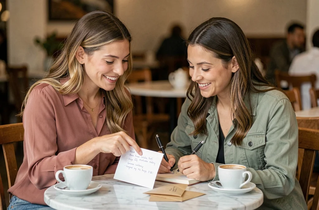 Deux femmes collaborant autour d'une table de café pour personnaliser des cartes de remerciement pour des invitations