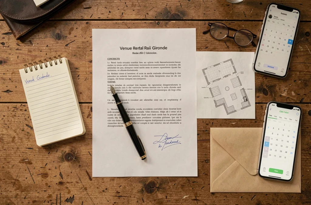Vue aérienne d'un contrat de location de salle de mariage en Gironde avec checklist et stylo sur bureau en bois