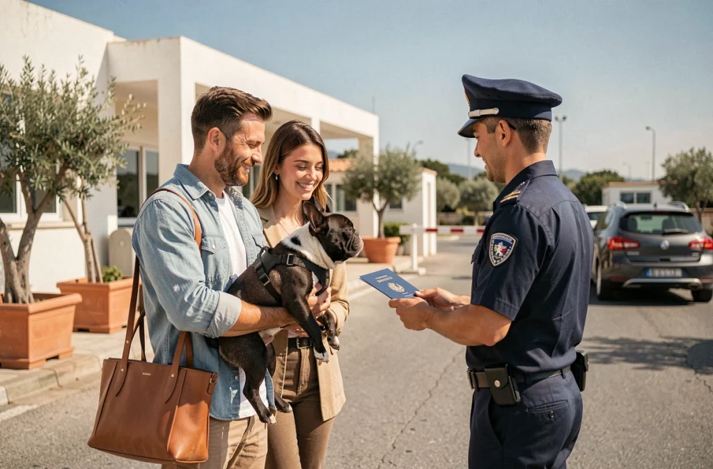 Couple présentant le passeport de leur bouledogue français à un contrôle douanier lors d'un voyage de noces en Europe
