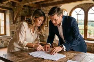 Couple examinant un contrat de location de domaine de mariage dans un château en Gironde