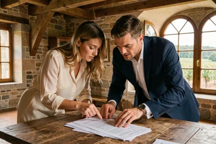 Couple examinant un contrat de location de domaine de mariage dans un château en Gironde
