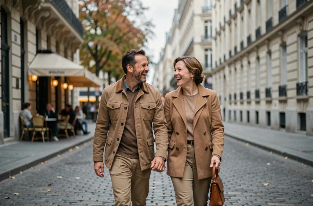 Couple heureux marchant et riant dans une rue pavée de Paris lors d'une sortie décontractée