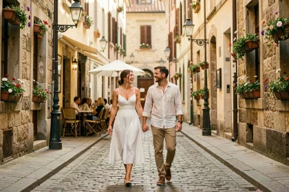 Couple de jeunes mariés se promenant main dans la main dans une rue pavée d'une vieille ville européenne lors de leur city break romantique