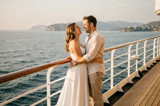 Couple de jeunes mariés à la proue d'un bateau de croisière embrassant l'horizon en mer Méditerranée