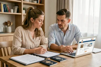 Couple préparant les démarches administratives pour un mariage à l'étranger avec documents et passeports sur une table