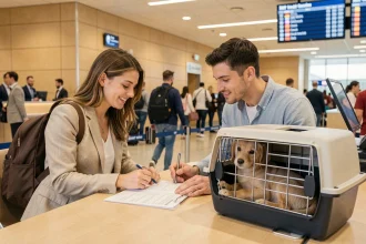 Couple en voyage de noces vérifiant les documents de leur chien dans un aéroport international