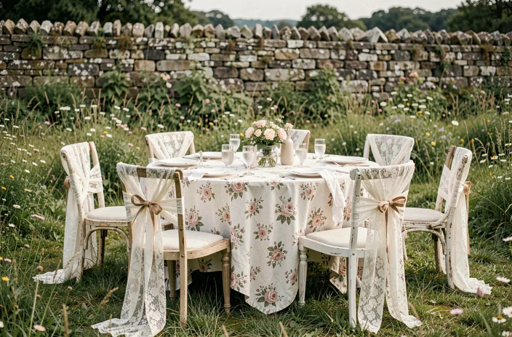 Coin repas champêtre en plein air avec chaises dépareillées décorées de dentelle et de jute dans un pré fleuri