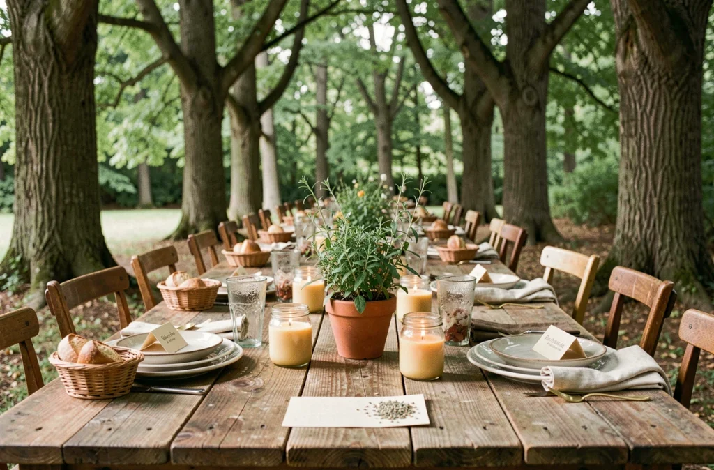 Table de réception de mariage écoresponsable décorée avec des éléments zéro déchet, plantes aromatiques et bougies en cire d'abeille sous les arbres