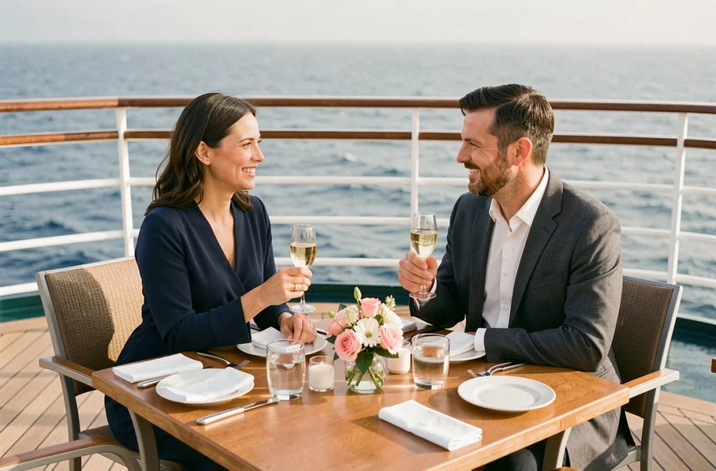 Couple élégant célébrant leur mariage au restaurant panoramique d'un bateau de croisière avec une coupe de champagne