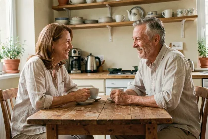 Couple dans la cinquantaine partageant un café du matin dans une cuisine rustique parisienne, atmosphère chaleureuse et complice