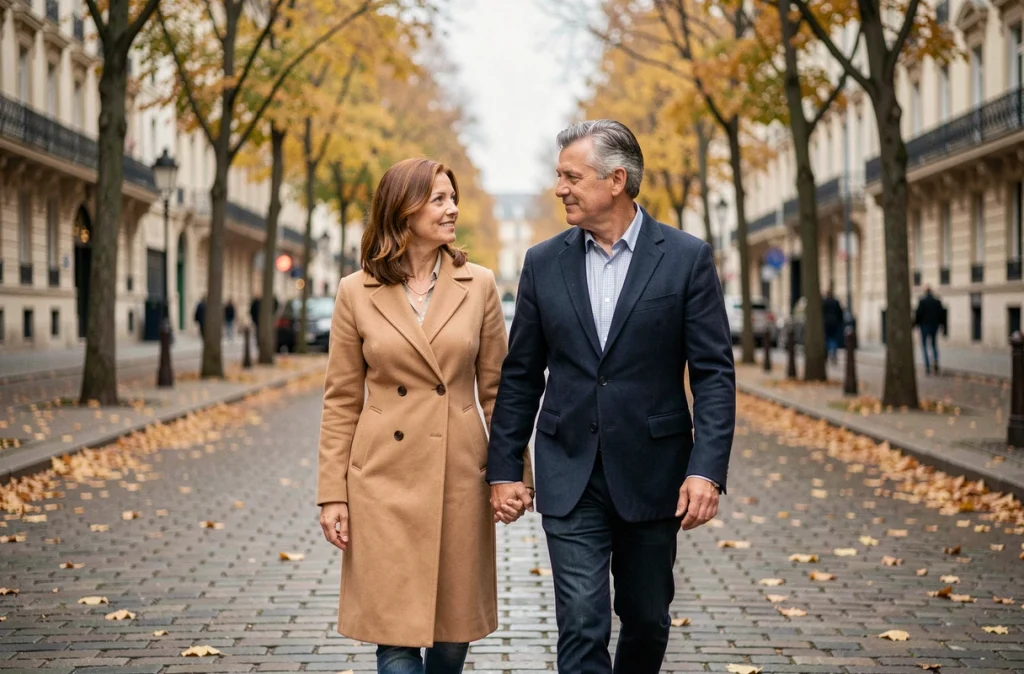 Couple élégant se promenant main dans la main sur un boulevard parisien en automne, feuilles dorées et façades haussmanniennes en arrière-plan