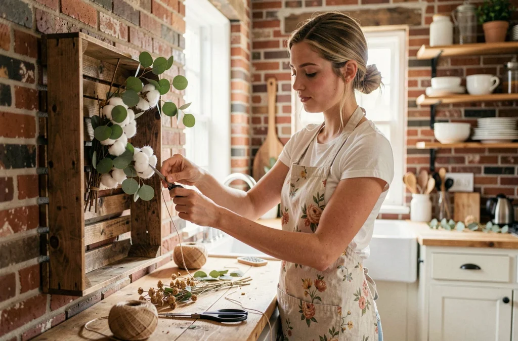Femme réalisant une décoration murale champêtre DIY avec une caisse en bois et des fleurs séchées