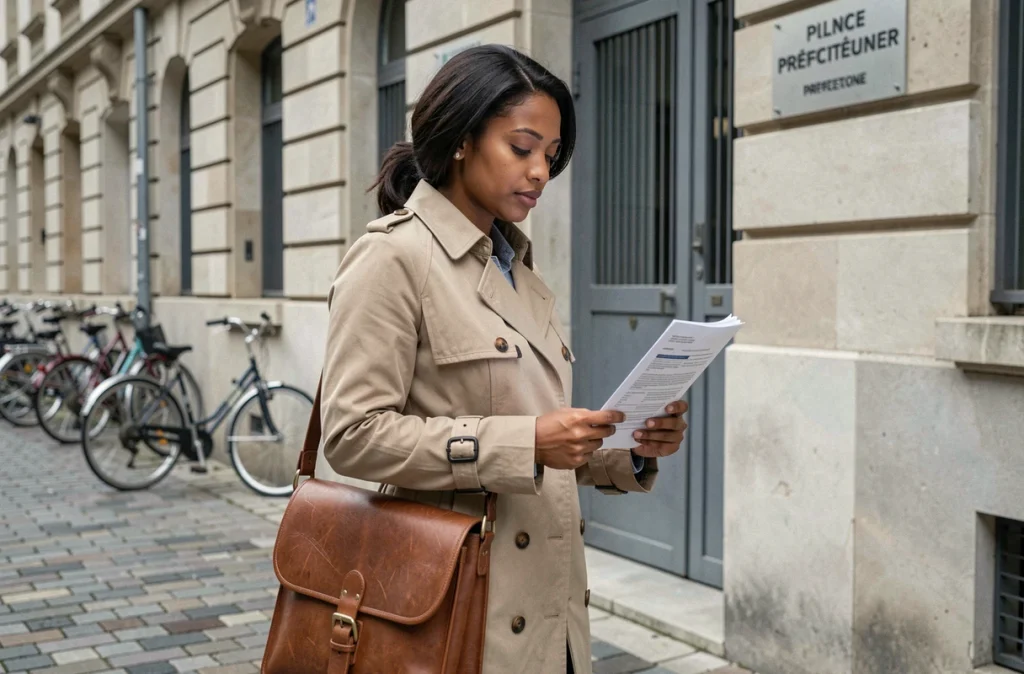 Femme étrangère devant une préfecture française tenant des documents administratifs pour régularisation avant mariage