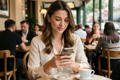 Femme parcourant son téléphone dans un café parisien, illustrant la recherche d'indices sur les réseaux sociaux