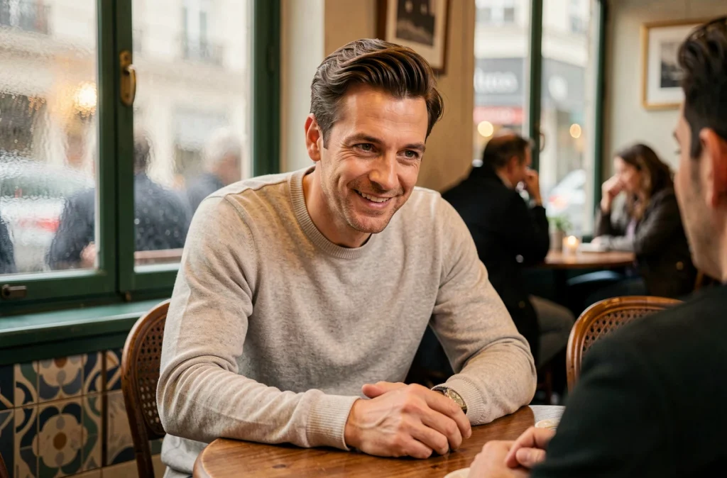 Homme en pull gris discutant avec émotion dans un café parisien au cadre intime et authentique