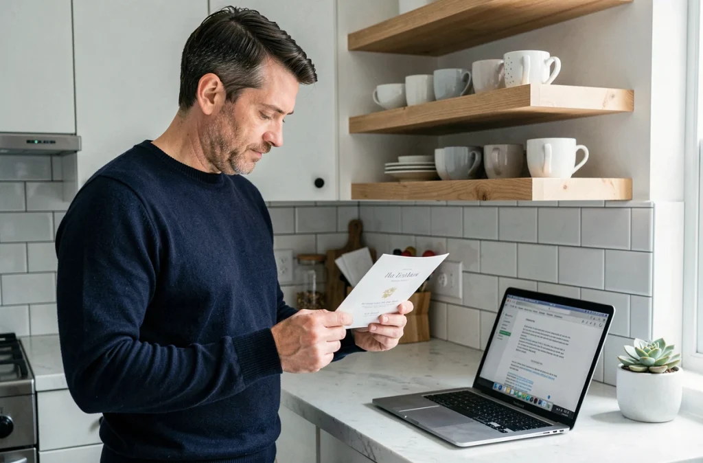 Homme consultant une invitation imprimée et un brouillon numérique sur ordinateur pour personnaliser son message de remerciement