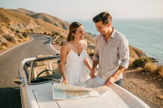 Jeunes mariés en road trip romantique sur une route côtière avec une voiture décapotable vintage