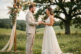 Couple en tenue de lin célébrant un mariage écoresponsable dans une prairie fleurie avec une arche en bois naturel
