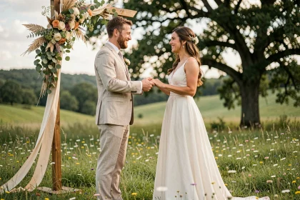 Couple en tenue de lin célébrant un mariage écoresponsable dans une prairie fleurie avec une arche en bois naturel