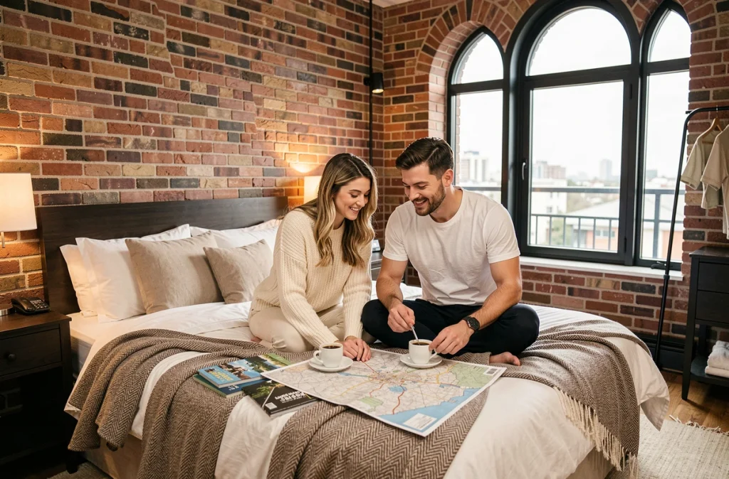 Couple de jeunes mariés dans une chambre d'hôtel boutique planifiant leur city break romantique entourés de guides de voyage et de cafés