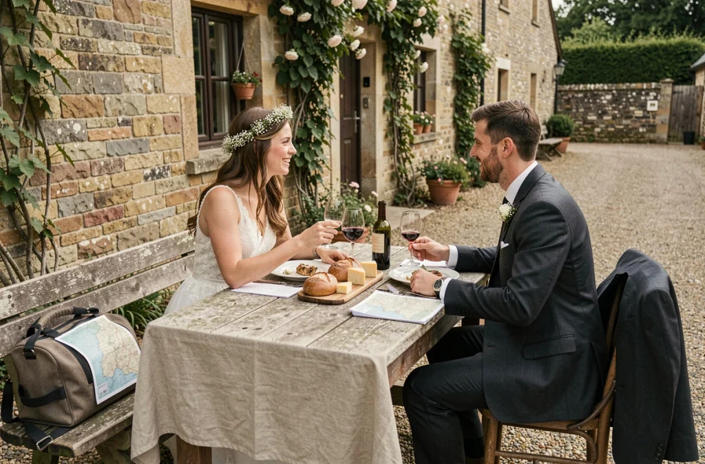 Mariés faisant une pause repas romantique dans une auberge de campagne lors de leur road trip