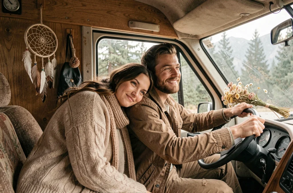Couple de jeunes mariés en voyage de noces dans un van aménagé sur une route de montagne