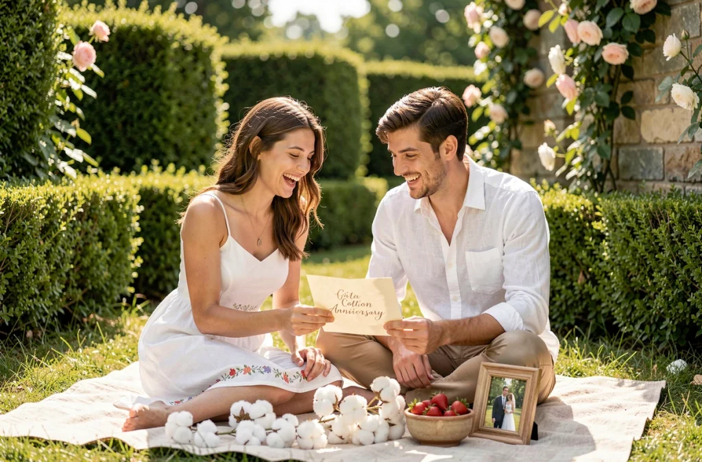 Jeune couple célébrant leurs noces de coton lors d'un pique-nique romantique dans un jardin fleuri français