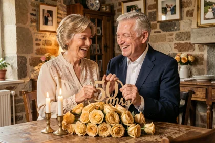 Couple de personnes âgées célébrant leurs noces d'or avec une décoration dorée et des roses dans une salle à manger rustique