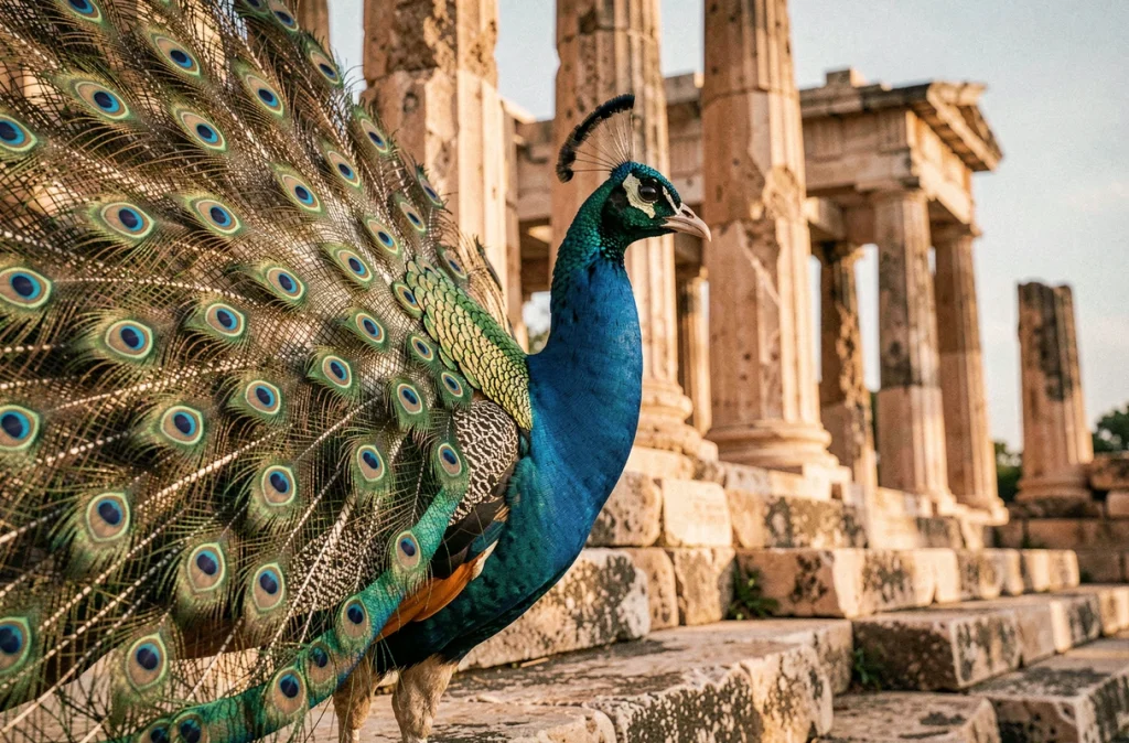 Paon aux plumes iridescentes déployées devant des ruines d'un temple grec, animal sacré d'Héra déesse grecque